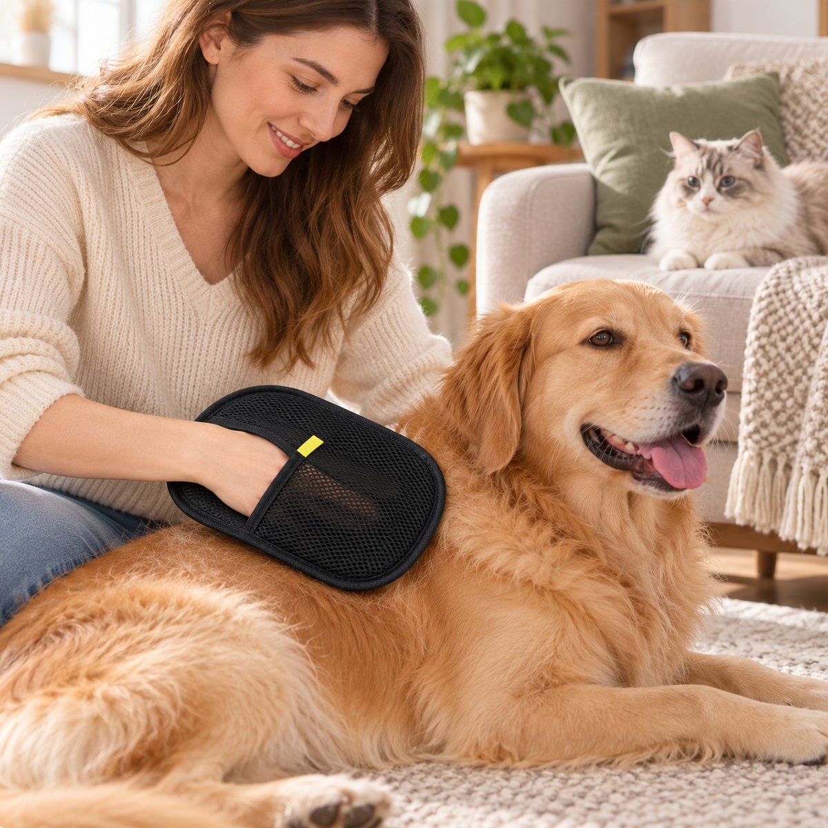 Person using pet hair removal mitt to groom a golden retriever dog at home