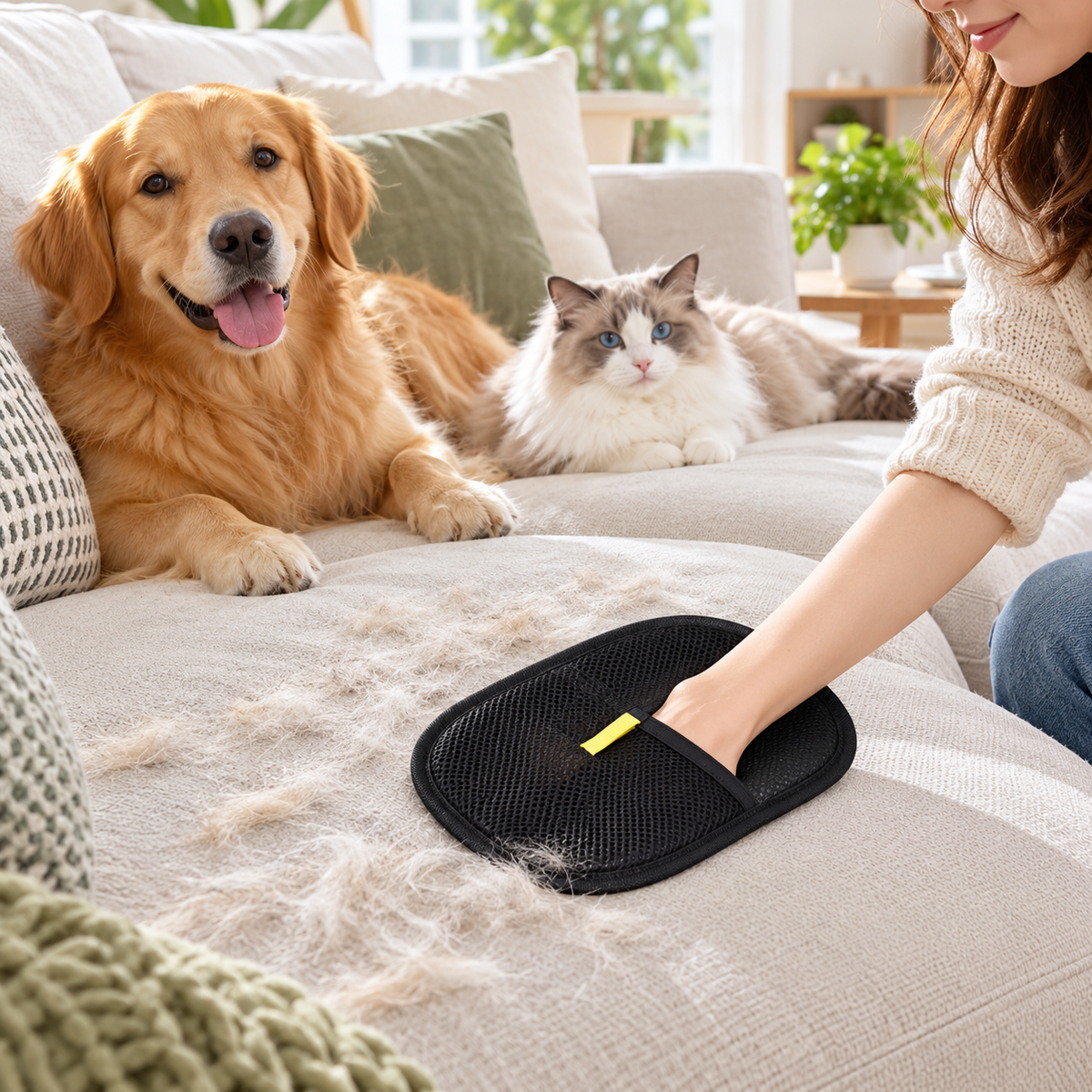 Person using pet hair removal mitt to clean sofa with golden retriever and cat in background