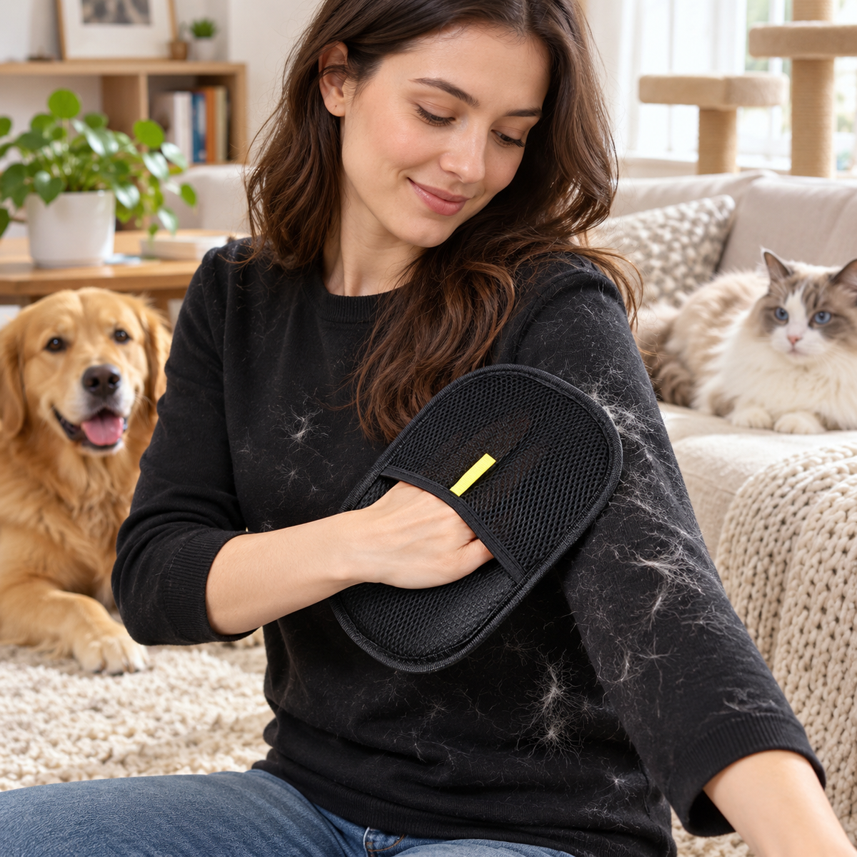 Woman removing pet hair from her sleeve using the grooming mitt with dog and cat in background
